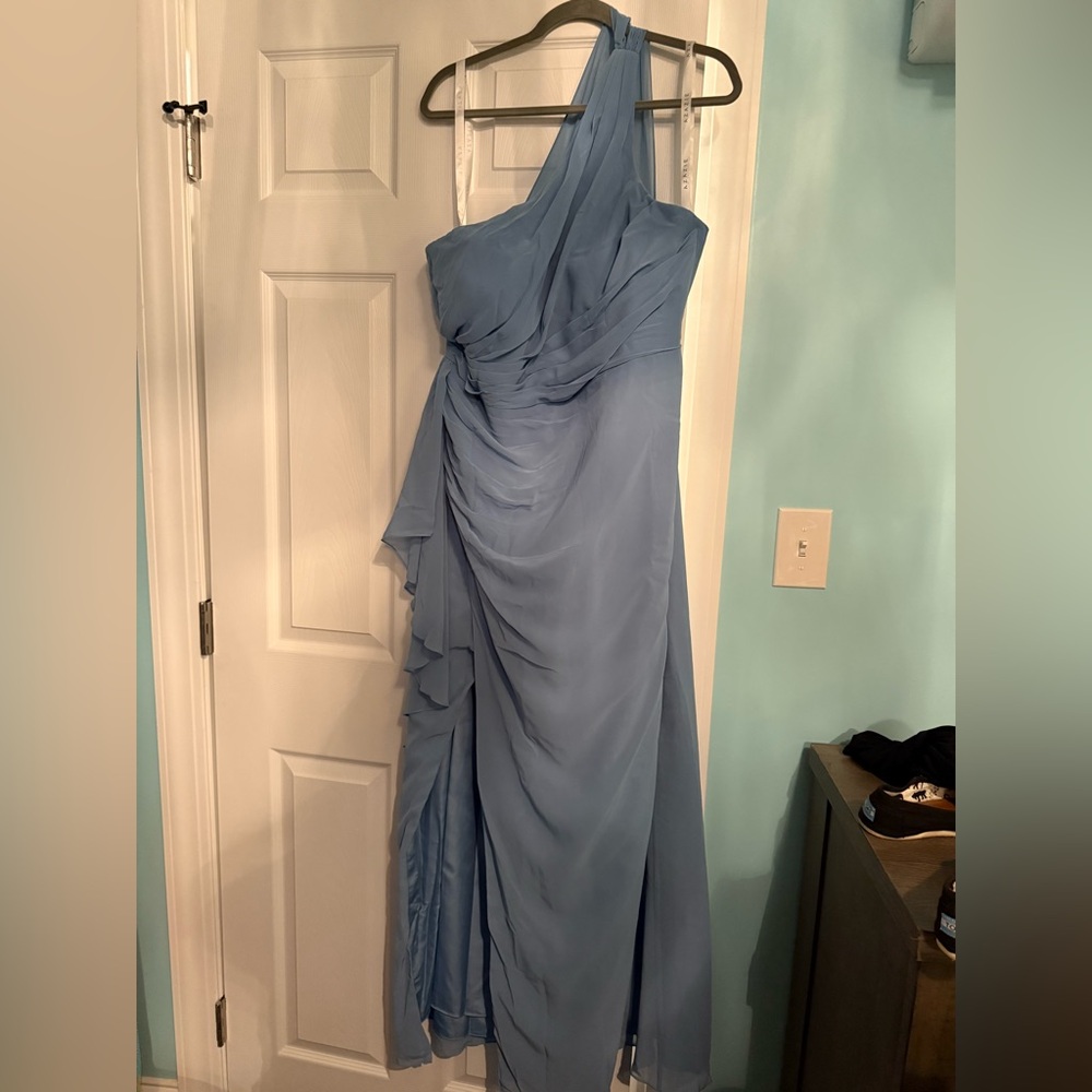 Azazie Maive Steel Blue Sheath Pleated Ruffle Chiffon Dress NWT
